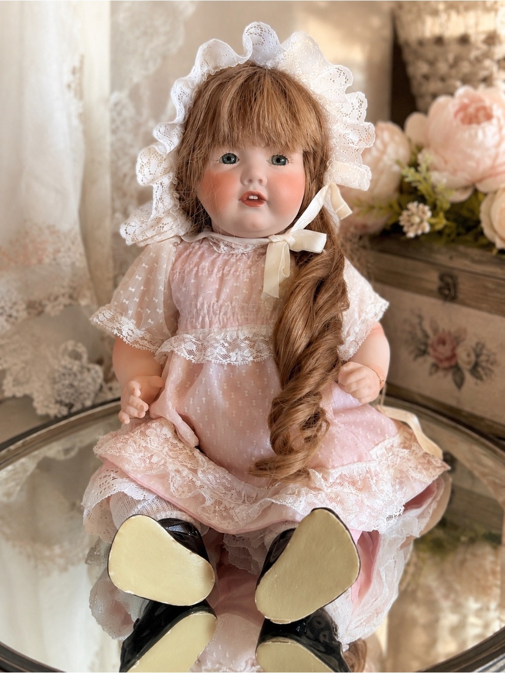 Vintage porcelain Baby Doll in Pink Dress with Bonnet